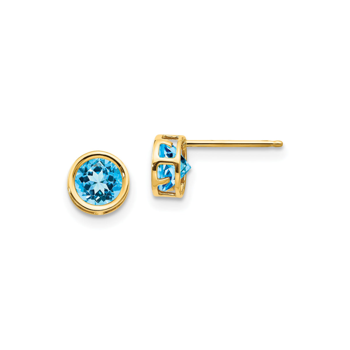 14k Yellow Gold Stud Earrings with Swiss Blue Topaz in Bezel Setting, Minimalist Jewelry for Women