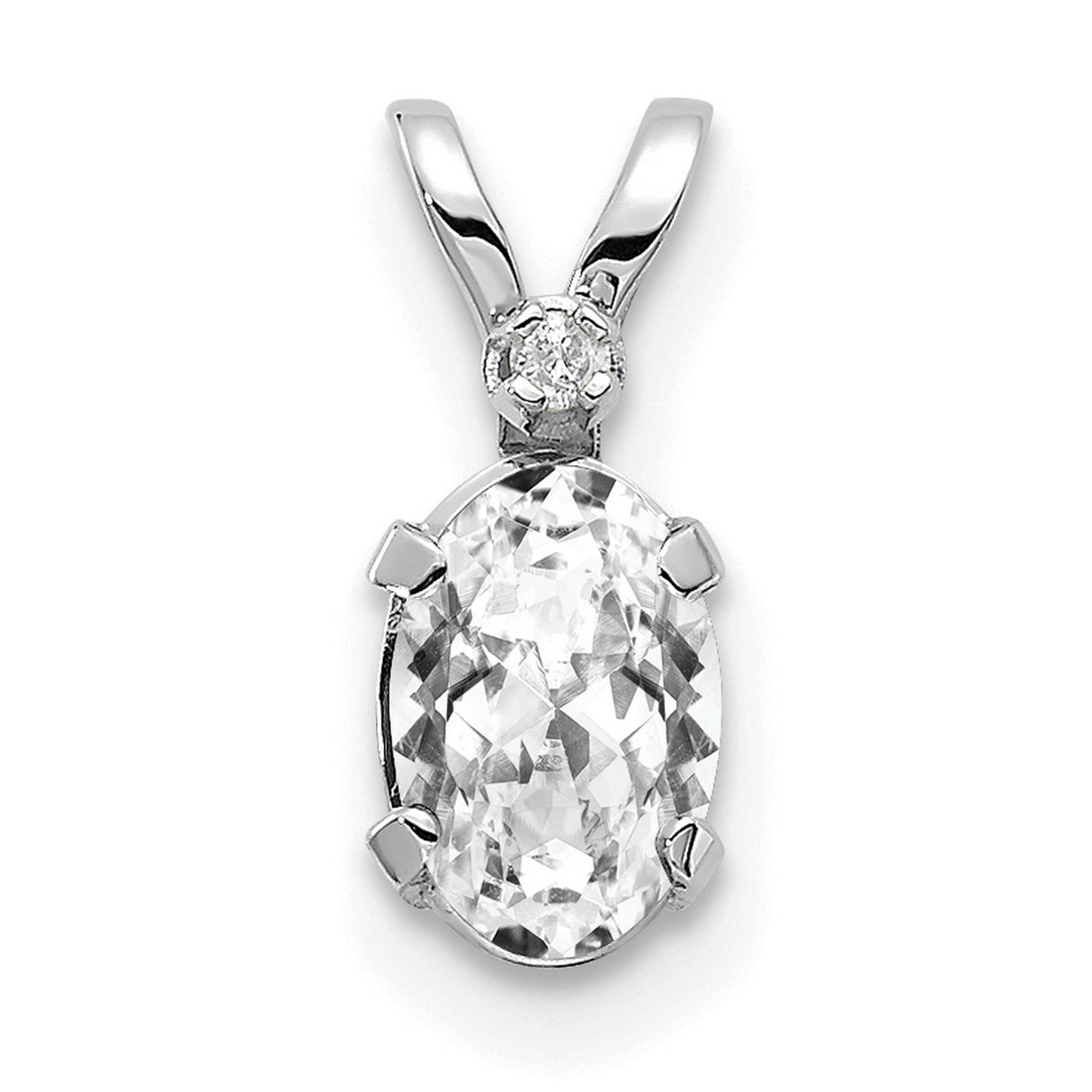 14k White Gold Oval Solitaire Pendant with White Topaz and Diamond Accent