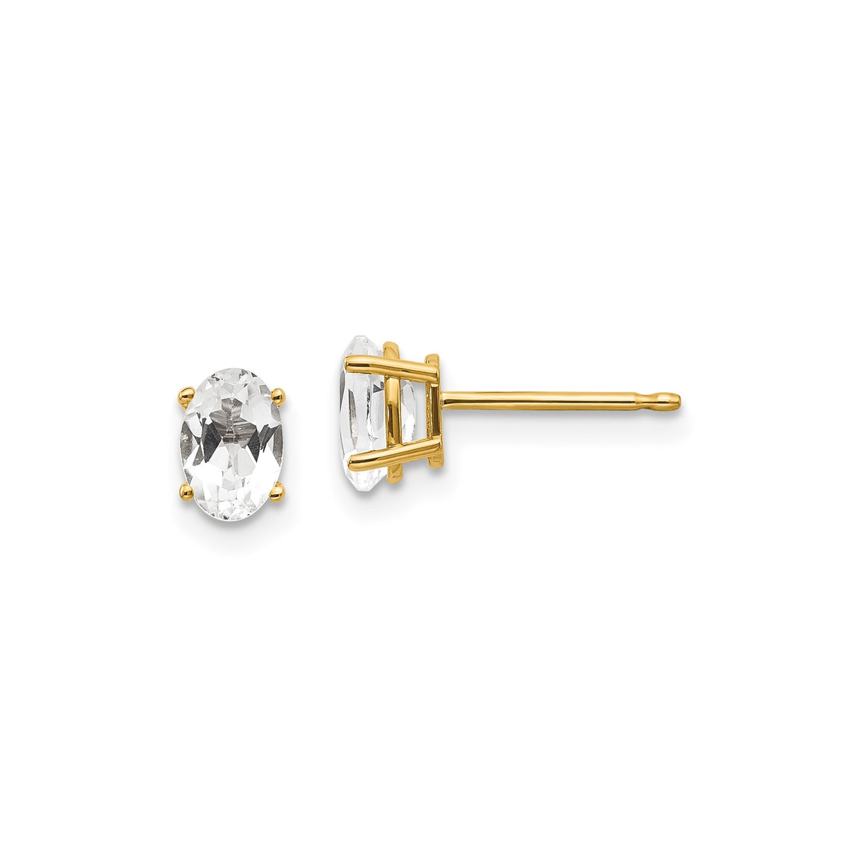 14k Yellow Gold Oval White Topaz Stud Earrings, Four-Prong Setting, Minimalist Classic Style