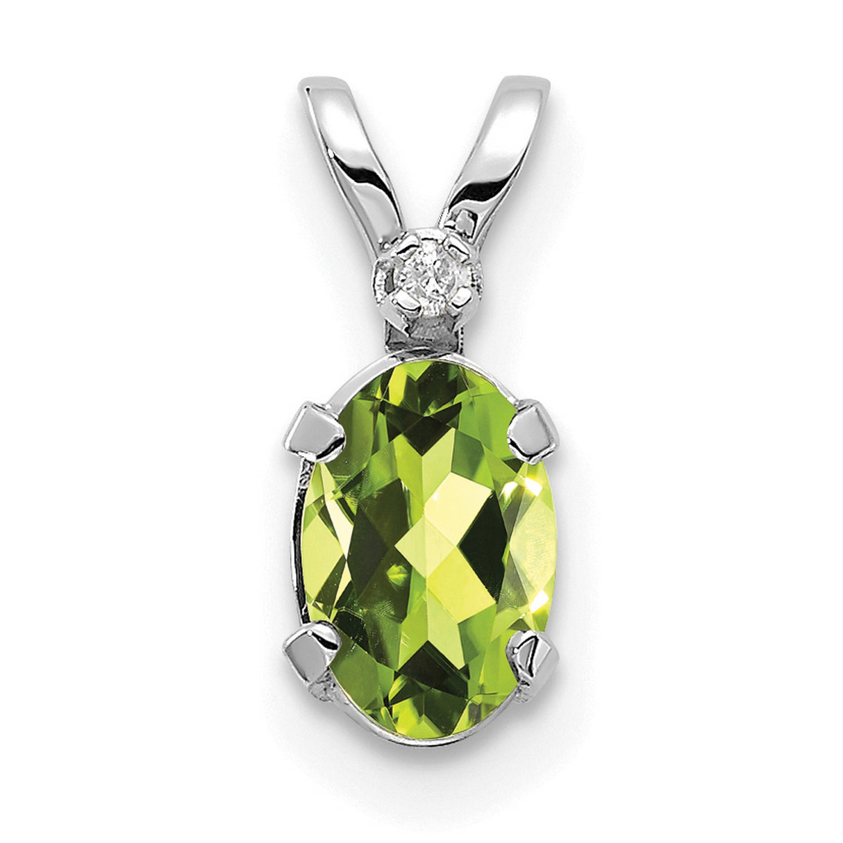 14k White Gold Pendant with Oval Peridot and Diamond Accent, Modern Design for Women