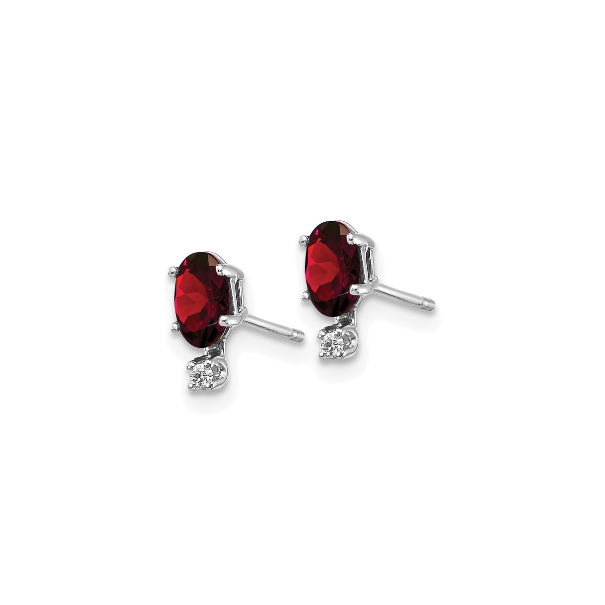 14k White Gold Garnet Stud Earrings with Diamond Accents, Oval Cut January Birthstone Jewelry