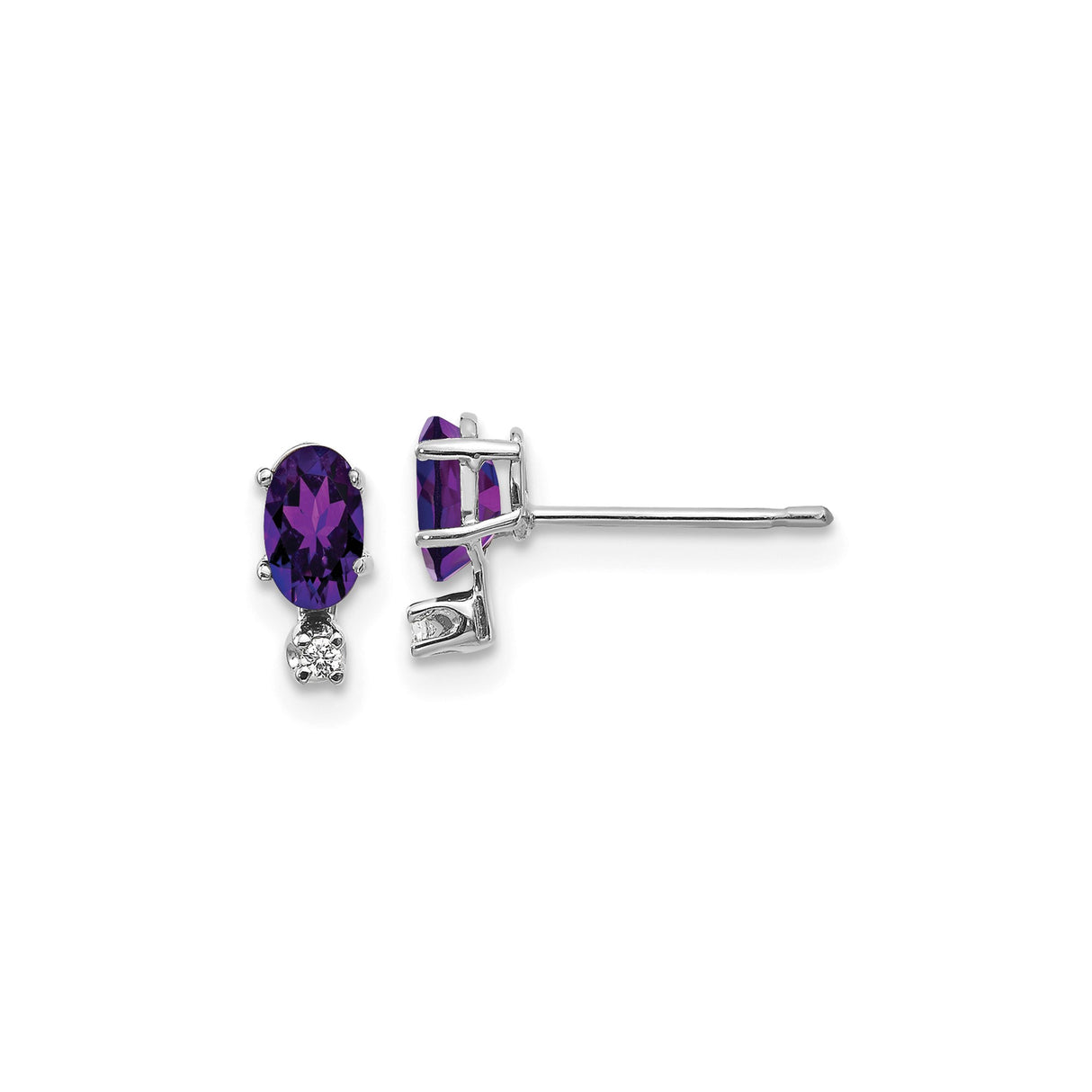 14k White Gold Amethyst and Diamond Stud Earrings, Oval Cut February Birthstone Jewelry
