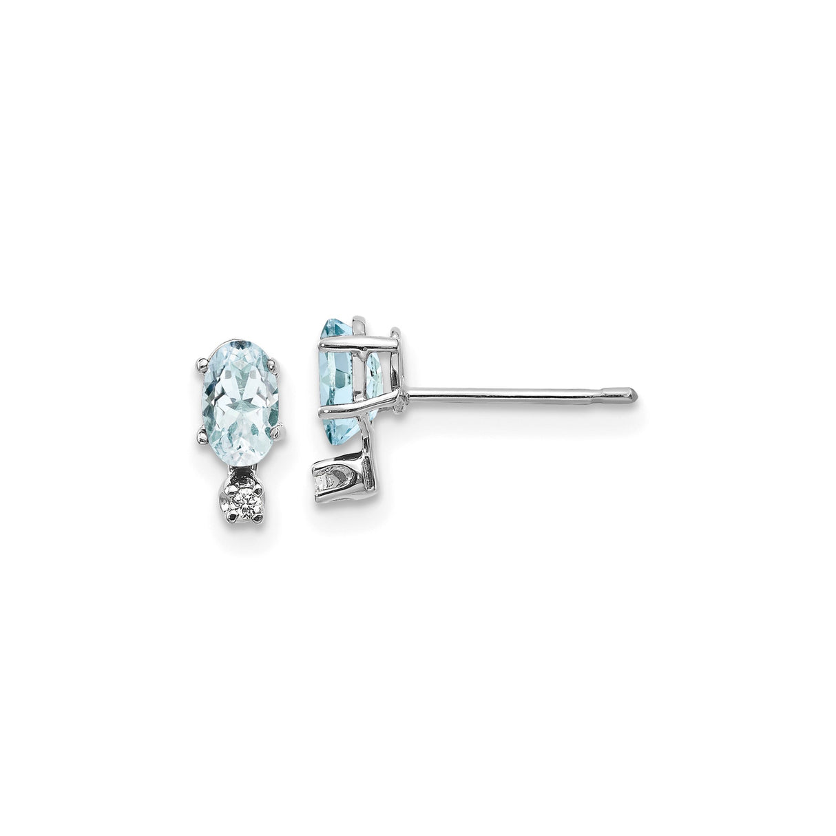 14k White Gold Aquamarine and Diamond Stud Earrings, Oval Light Blue Gemstone, Classic Style