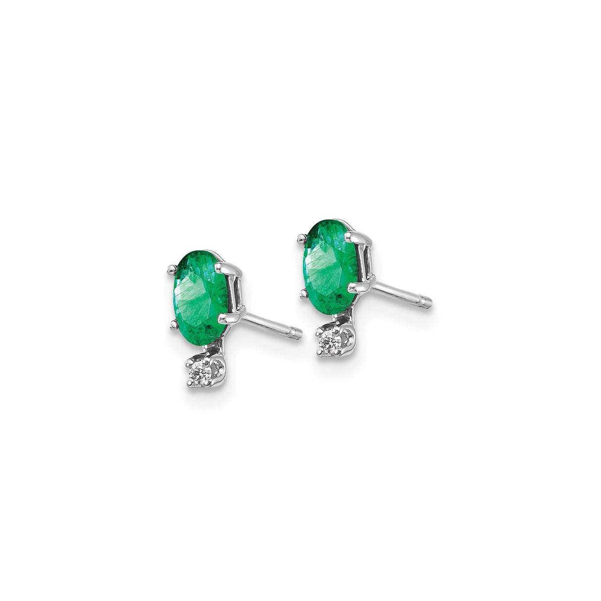 14k White Gold Emerald Stud Earrings with Diamond Accents, Oval Cut, May Birthstone