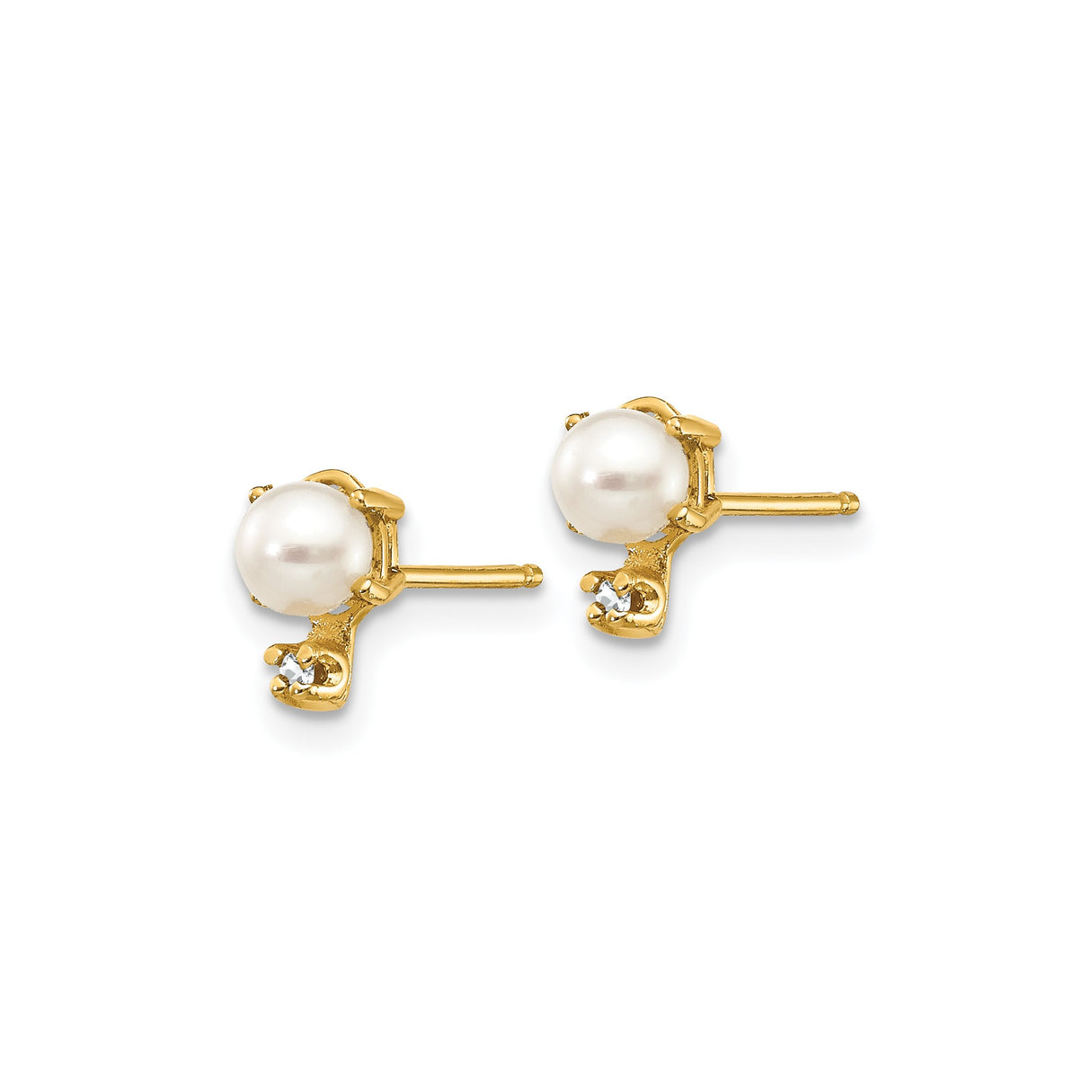 14k Yellow Gold Stud Earrings with Round White Cultured Pearls and Diamond Accents