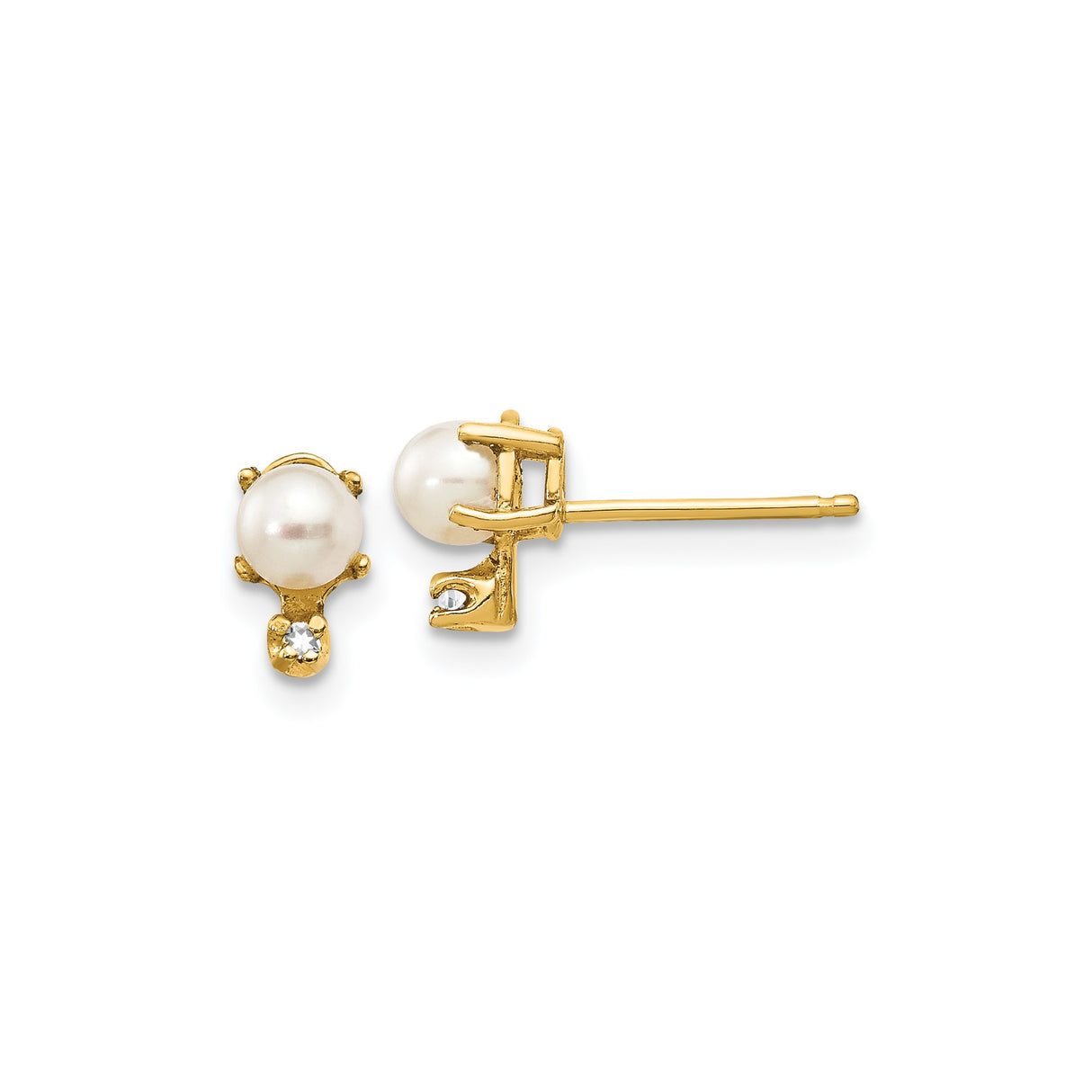 14k Yellow Gold Stud Earrings with Round White Cultured Pearls and Diamond Accents