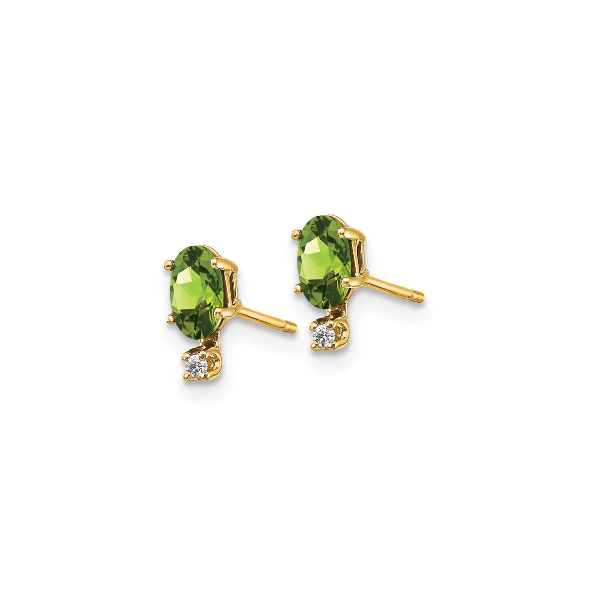 14k Yellow Gold Stud Earrings with Faceted Oval Peridot and Diamond Accents