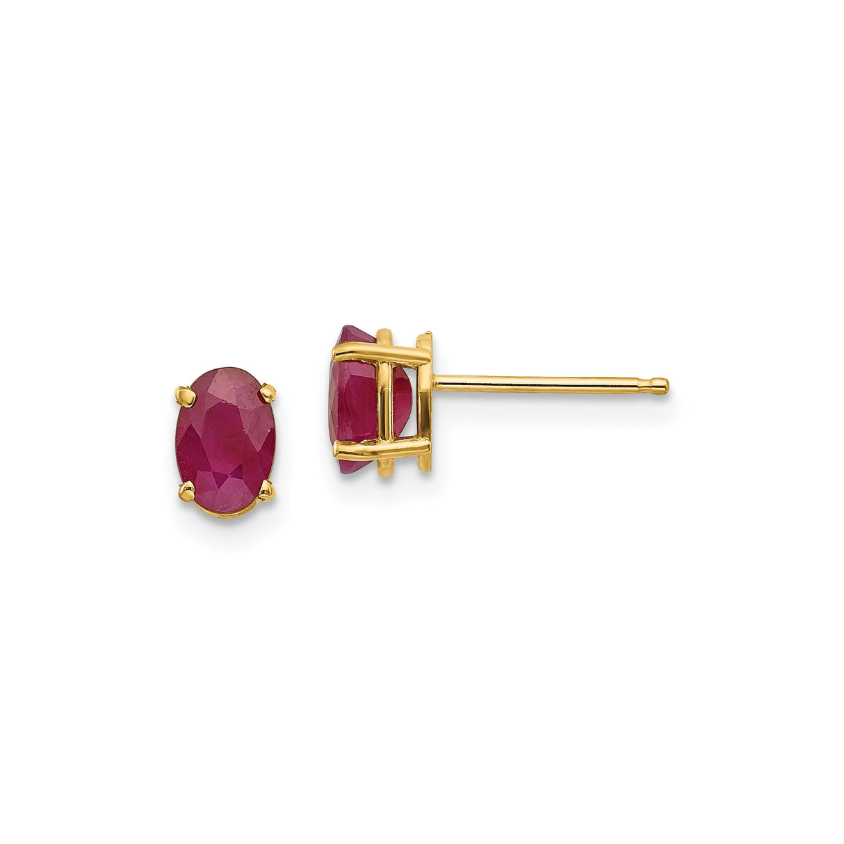 14k Yellow Gold Ruby Stud Earrings with Oval Faceted Gemstones in Four Prong Setting