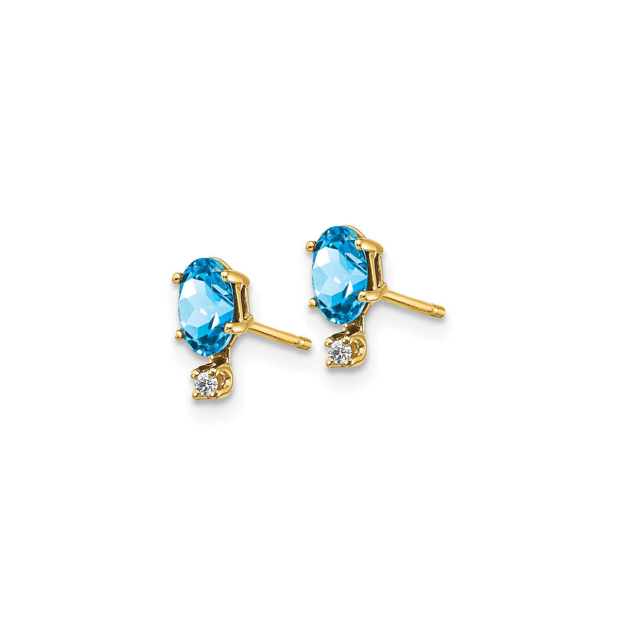 14k Yellow Gold Stud Earrings with Swiss Blue Topaz and Diamond Accents Oval-Cut Gemstone Design