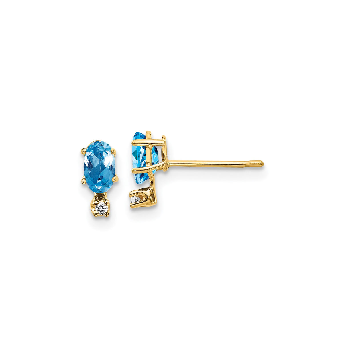 14k Yellow Gold Stud Earrings with Swiss Blue Topaz and Diamond Accents Oval-Cut Gemstone Design