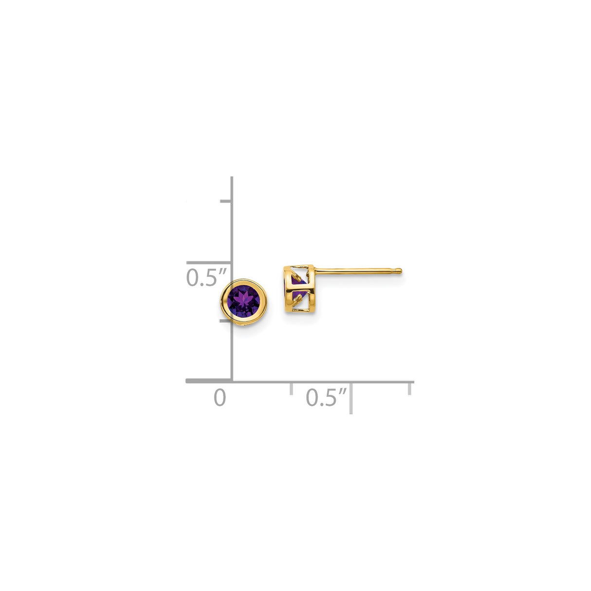 14k Yellow Gold Amethyst Stud Earrings, Round Bezel Set, Minimalist Post Back Design