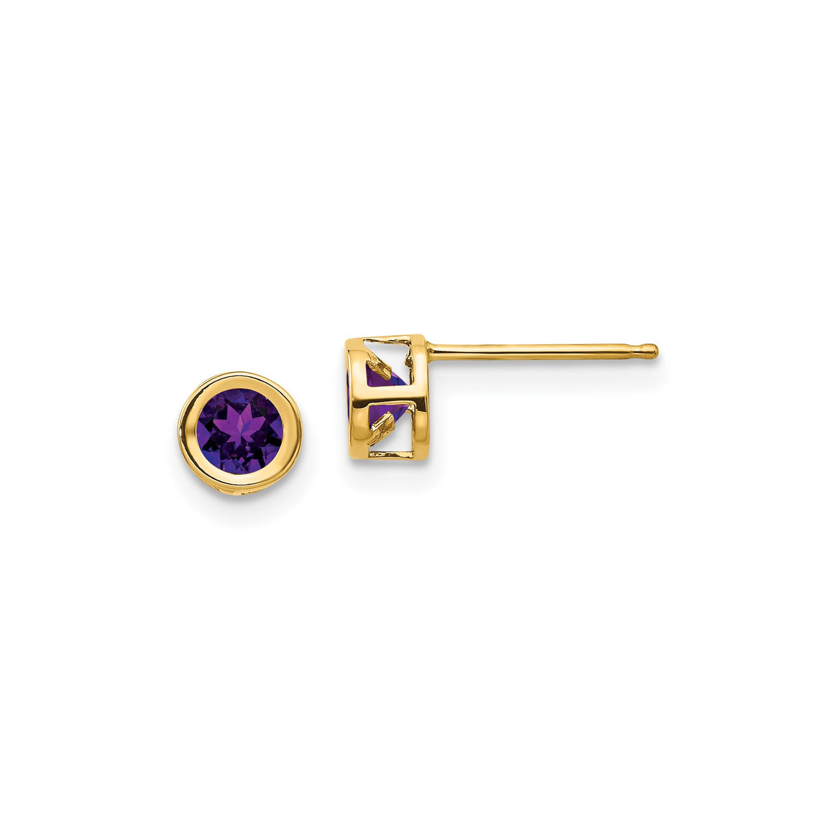 14k Yellow Gold Amethyst Stud Earrings, Round Bezel Set, Minimalist Post Back Design