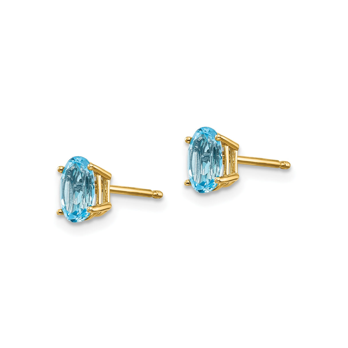 14k Yellow Gold Stud Earrings with Oval Swiss Blue Topaz, Minimalist Four-Prong Setting