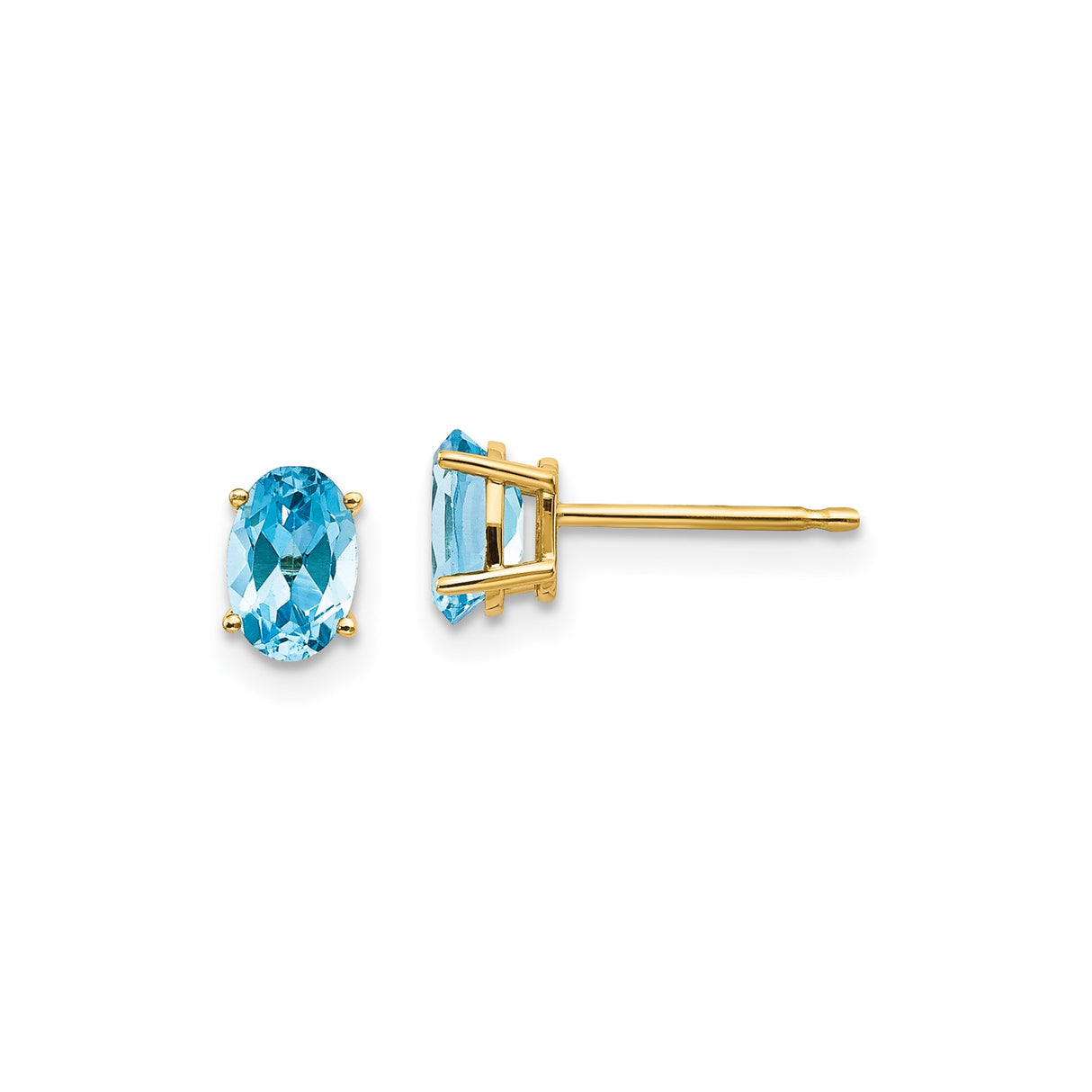14k Yellow Gold Stud Earrings with Oval Swiss Blue Topaz, Minimalist Four-Prong Setting
