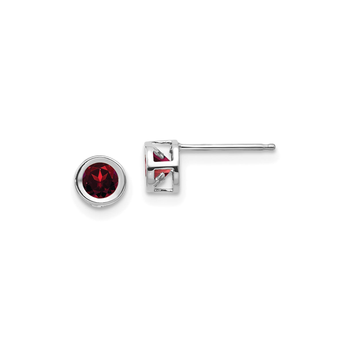 14k White Gold Stud Earrings with Garnet, Bezel Set Minimalist Design
