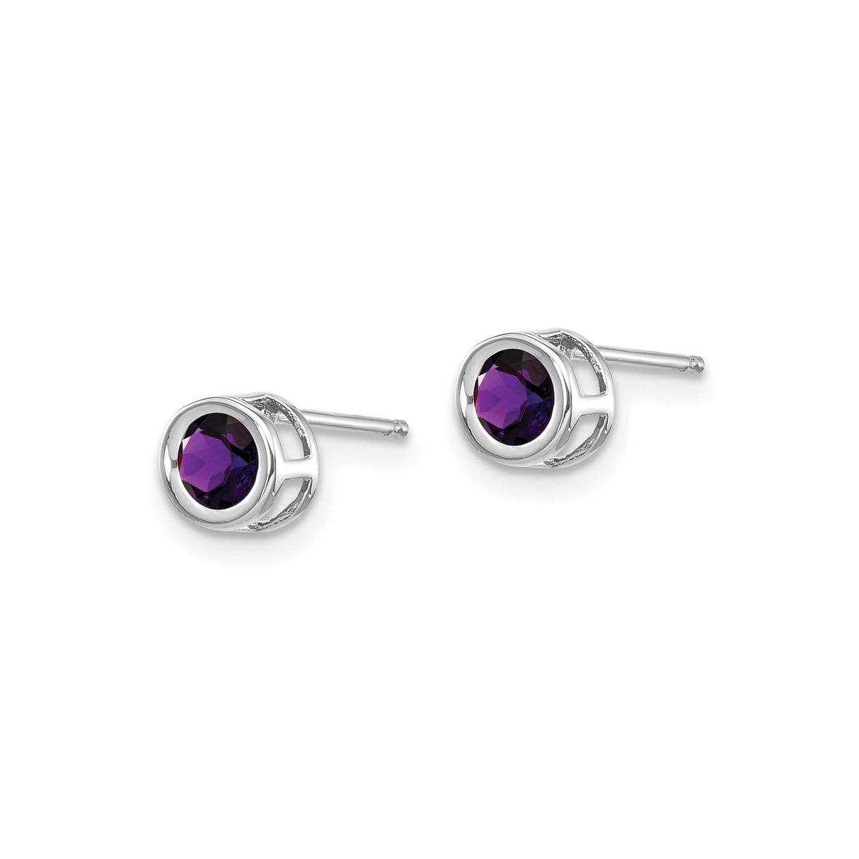 14k White Gold Amethyst Stud Earrings, Round Cut Bezel Setting, Minimalist Modern Design