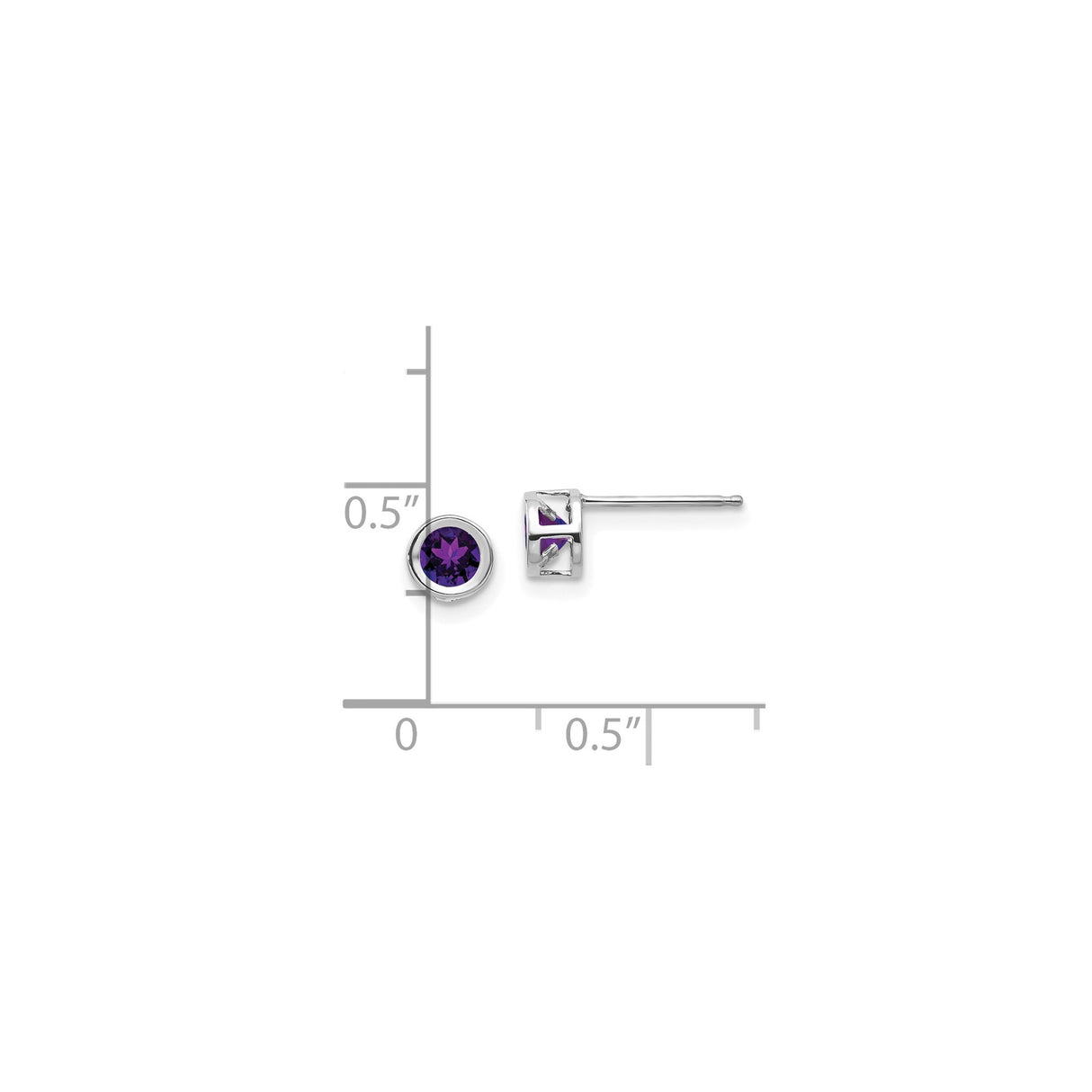 14k White Gold Amethyst Stud Earrings, Round Cut Bezel Setting, Minimalist Modern Design