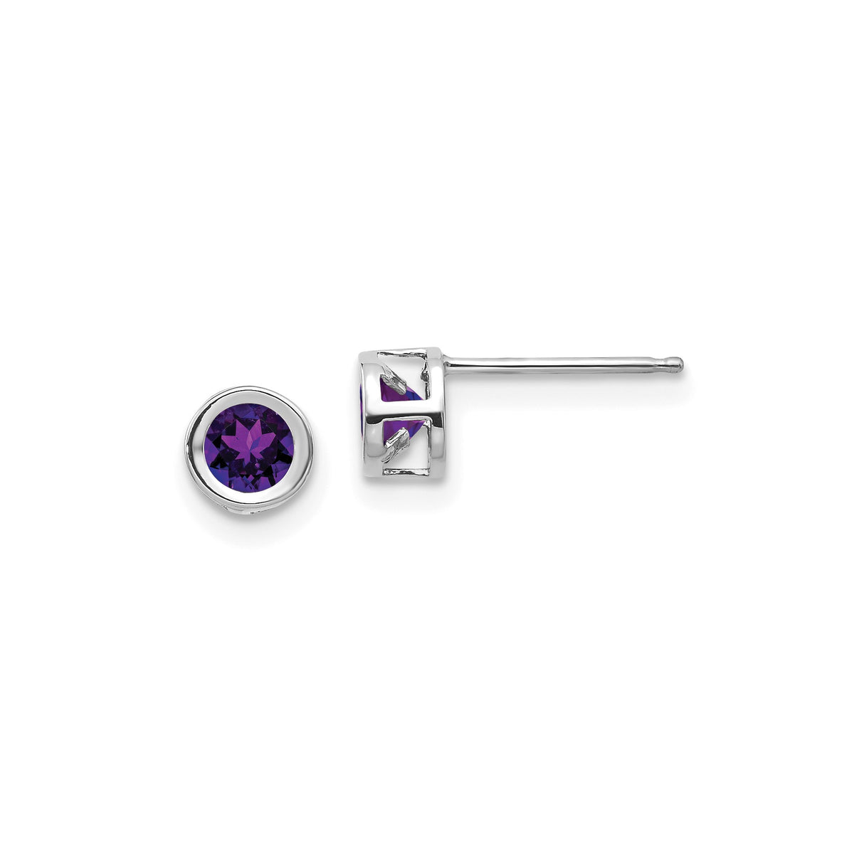 14k White Gold Amethyst Stud Earrings, Round Cut Bezel Setting, Minimalist Modern Design