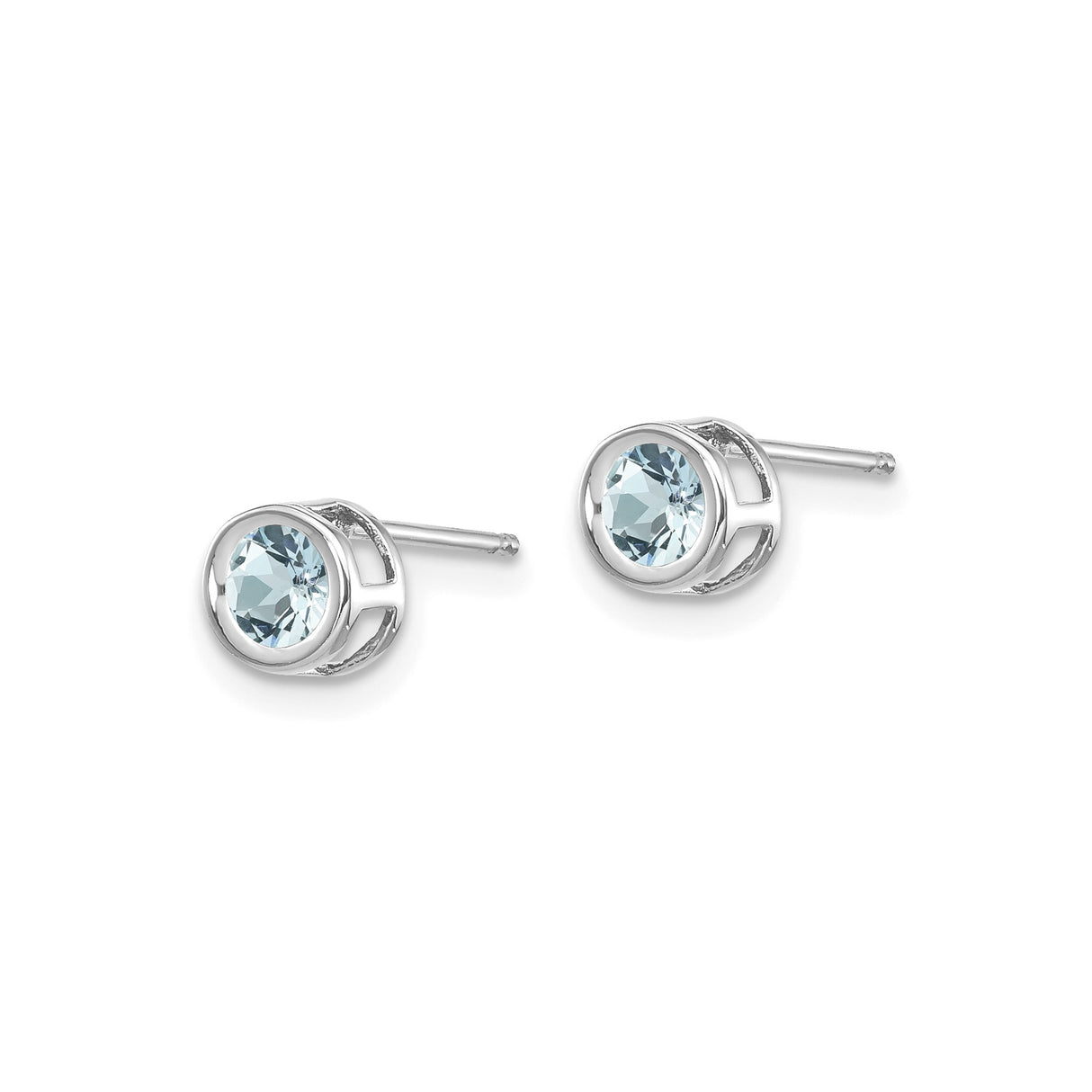14k White Gold Stud Earrings with Round Aquamarine in Bezel Setting, Modern Openwork Design