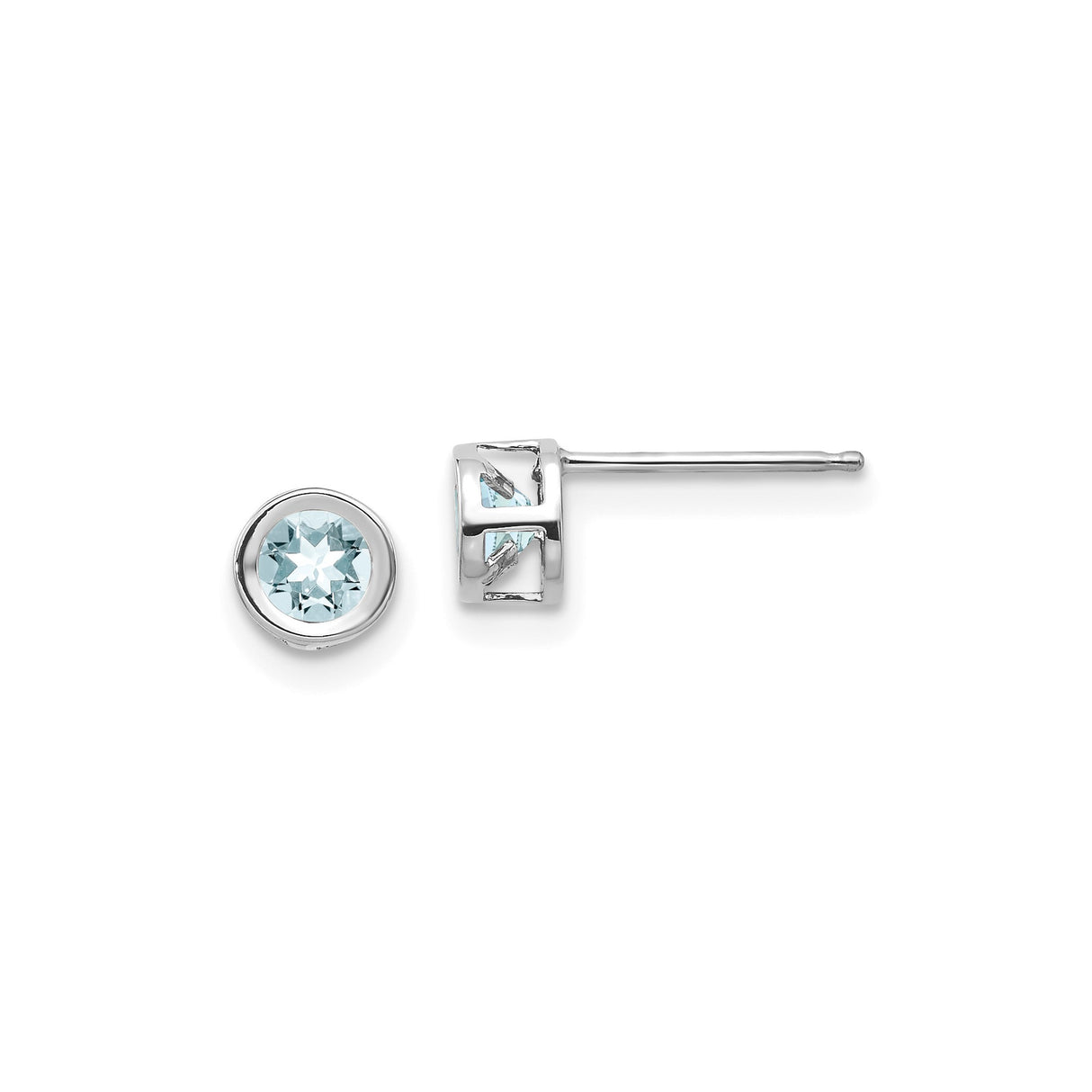14k White Gold Stud Earrings with Round Aquamarine in Bezel Setting, Modern Openwork Design
