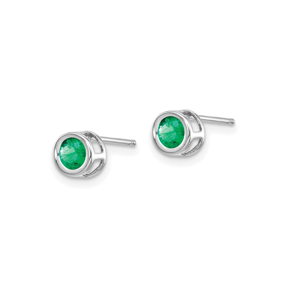 14k White Gold Emerald Stud Earrings, Bezel Set Round Gemstone Minimalist Style for Women