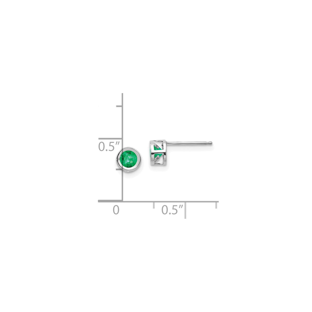14k White Gold Emerald Stud Earrings, Bezel Set Round Gemstone Minimalist Style for Women