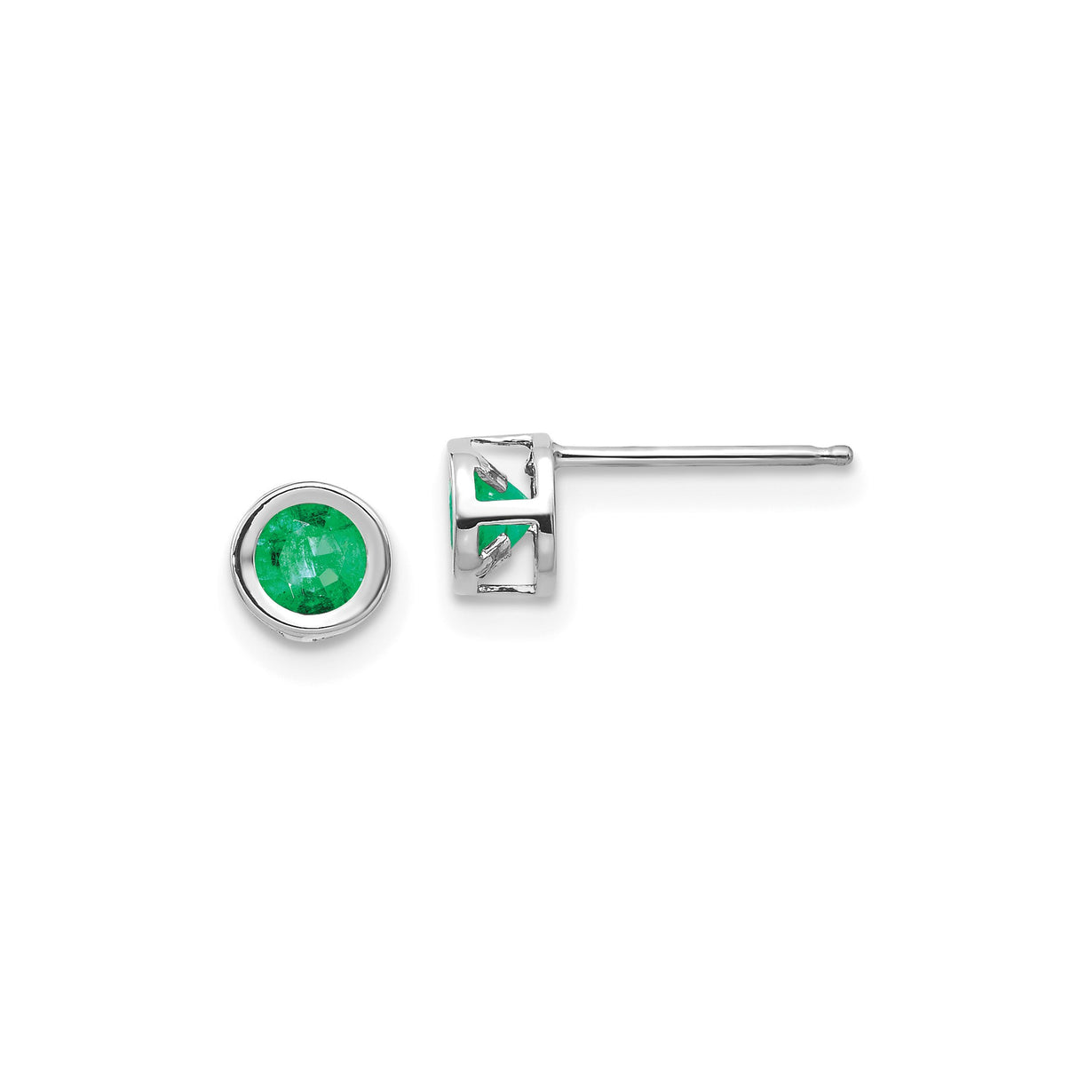 14k White Gold Emerald Stud Earrings, Bezel Set Round Gemstone Minimalist Style for Women
