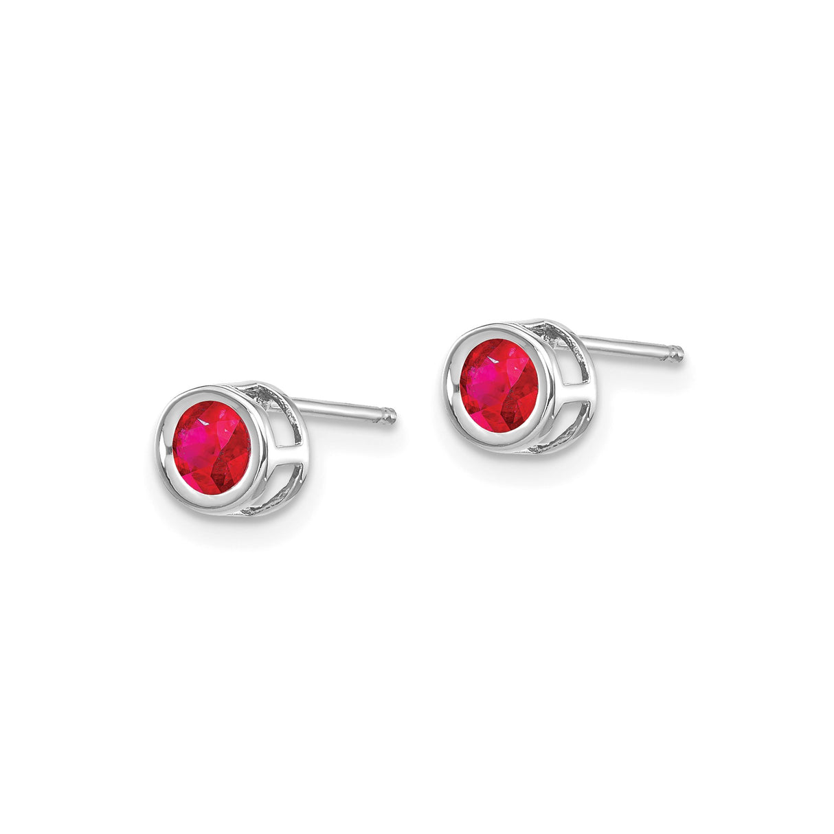 14k White Gold Ruby Stud Earrings, Round Bezel Set, Minimalist Modern Design for Women