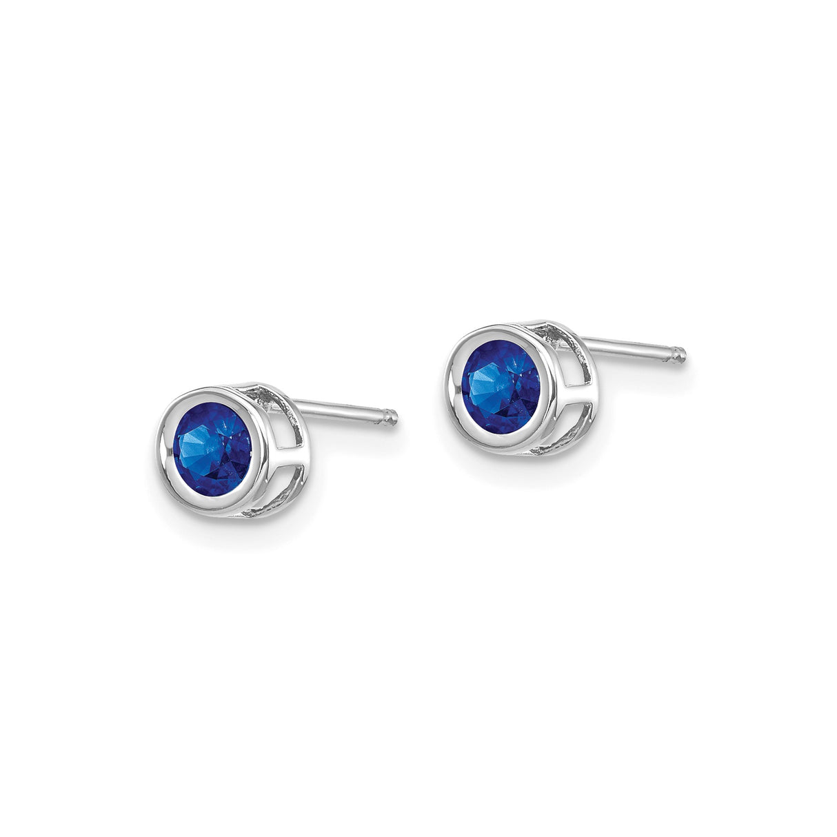 14k White Gold Stud Earrings with Round Sapphire in Bezel Setting, Minimalist Style