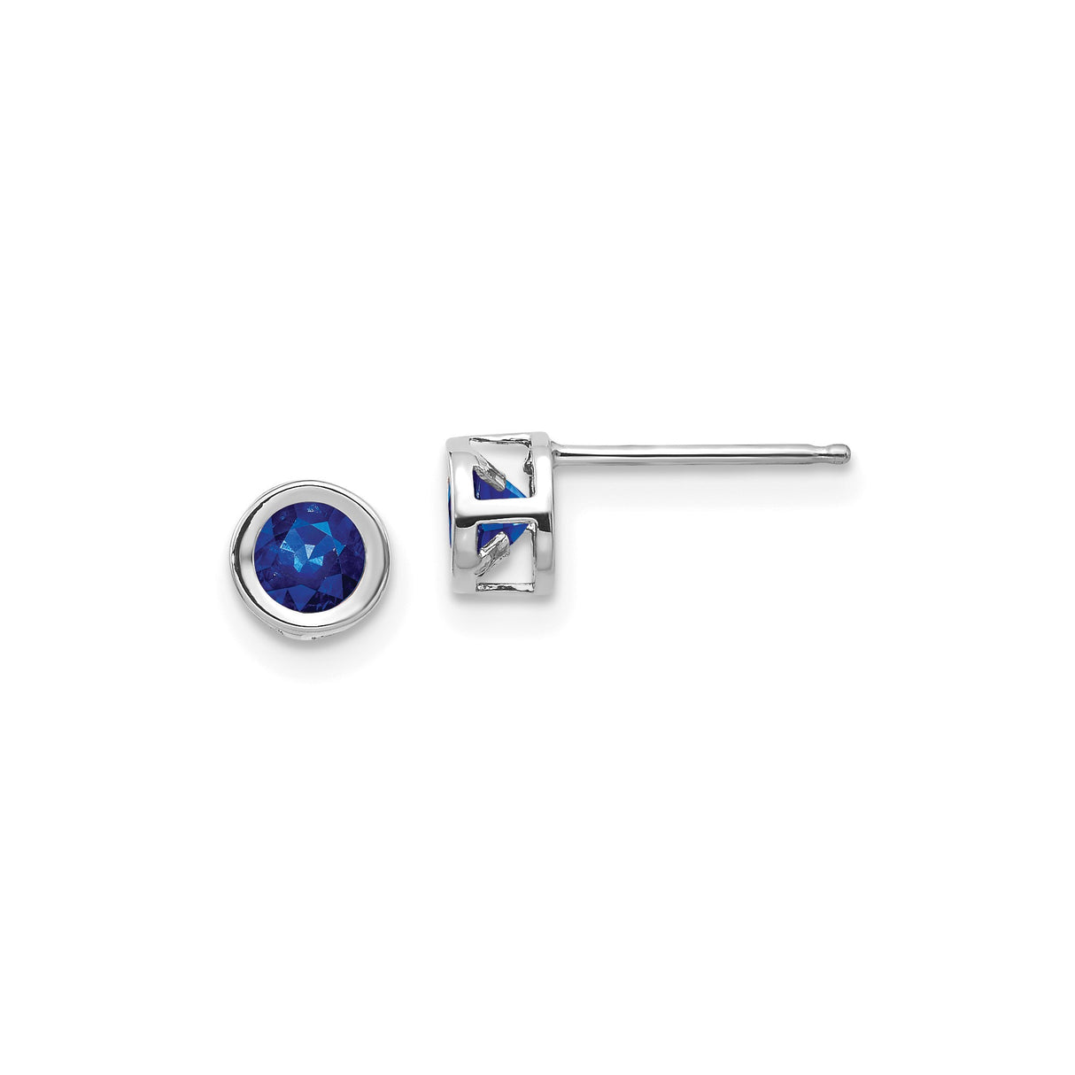 14k White Gold Stud Earrings with Round Sapphire in Bezel Setting, Minimalist Style