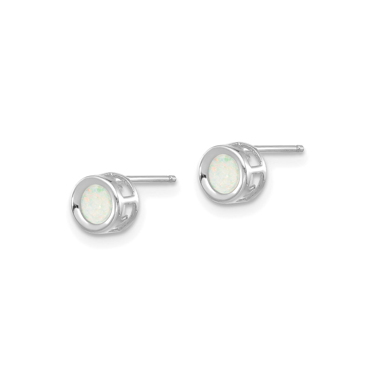 14k White Gold Opal Stud Earrings, Round Bezel Set, Minimalist Dainty Design for Women