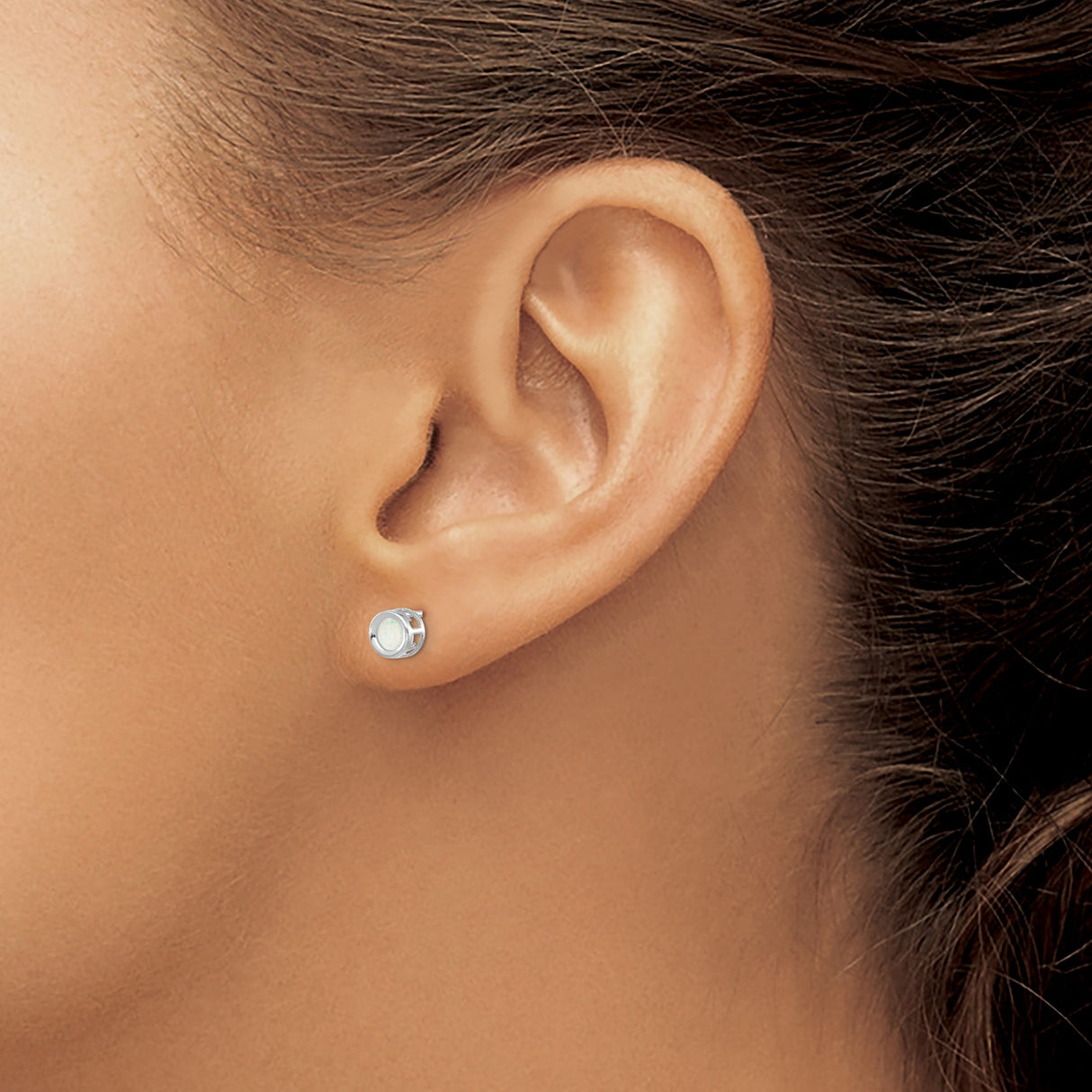 14k White Gold Opal Stud Earrings, Round Bezel Set, Minimalist Dainty Design for Women