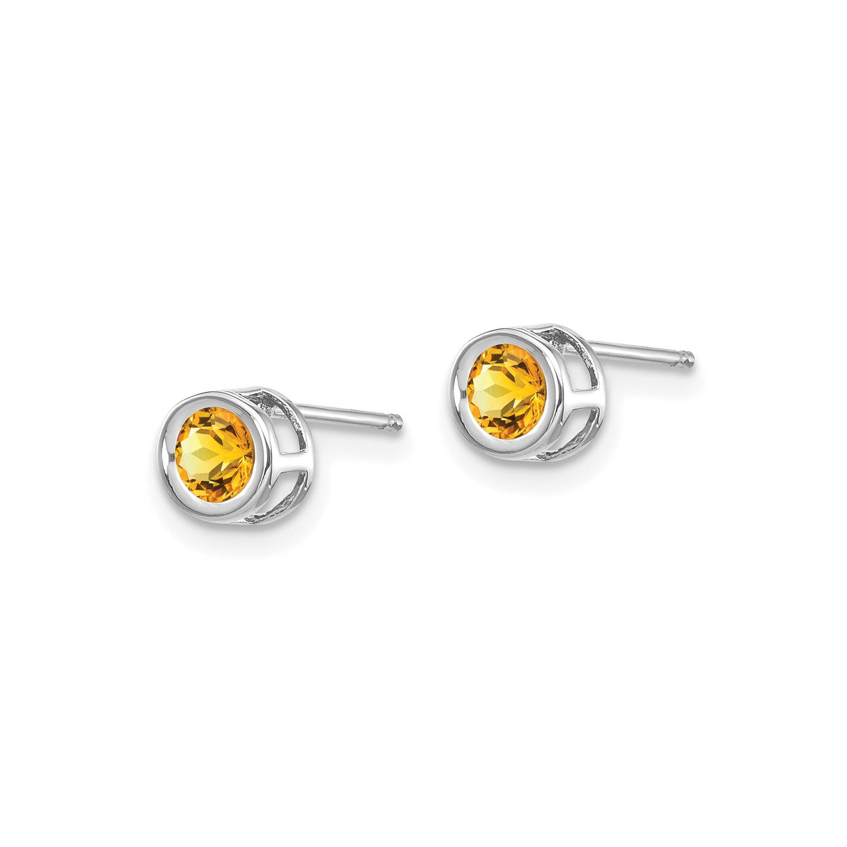 14k White Gold Citrine Stud Earrings, Bezel Set Round Gemstone Minimalist Style