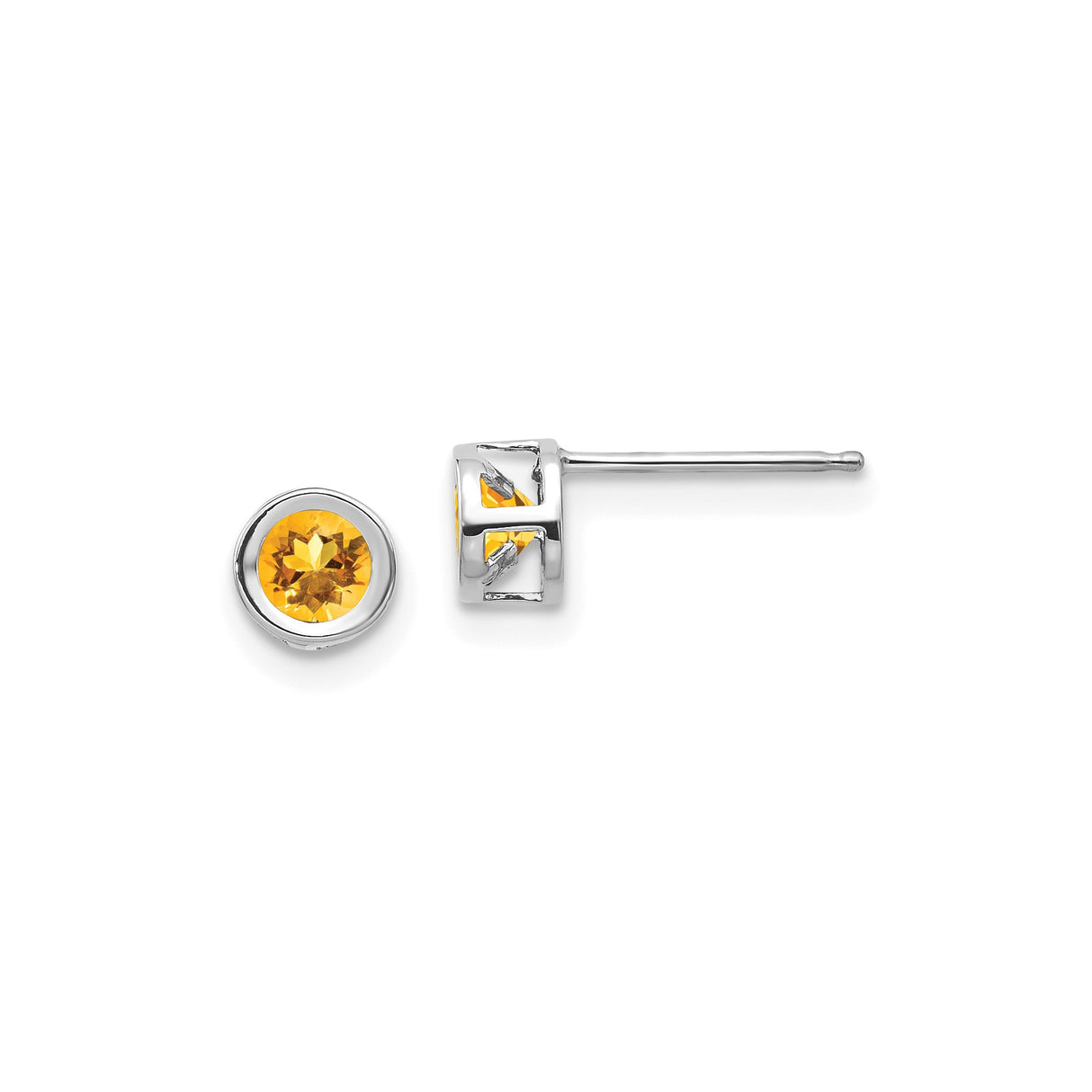 14k White Gold Citrine Stud Earrings, Bezel Set Round Gemstone Minimalist Style