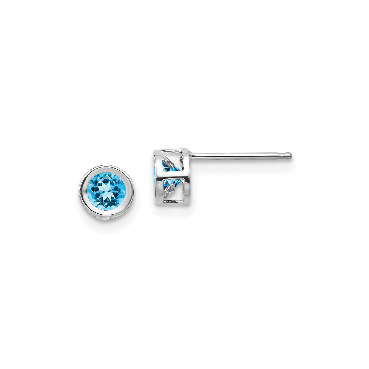 14k White Gold Stud Earrings with Swiss Blue Topaz, Bezel Set Minimalist Design