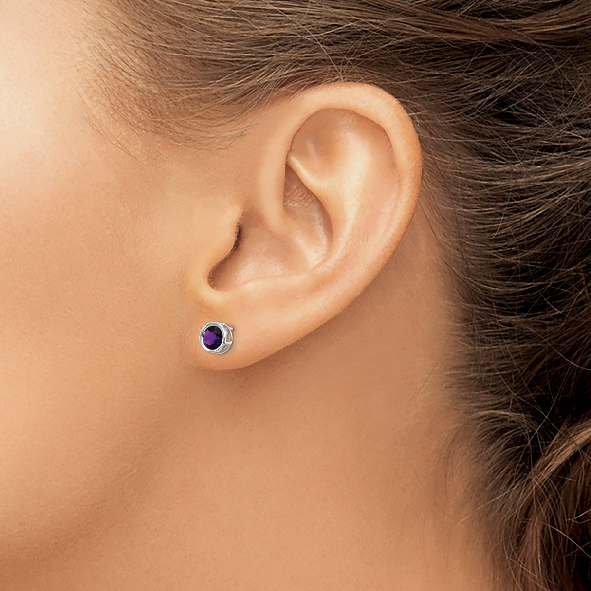 14k White Gold Stud Earrings with Amethyst in Bezel Setting, Minimalist Style for Women