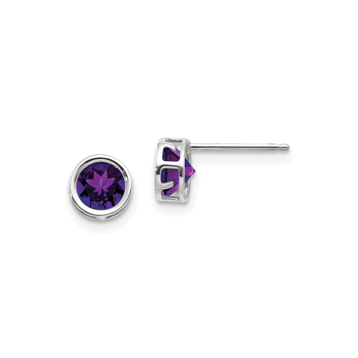 14k White Gold Stud Earrings with Amethyst in Bezel Setting, Minimalist Style for Women