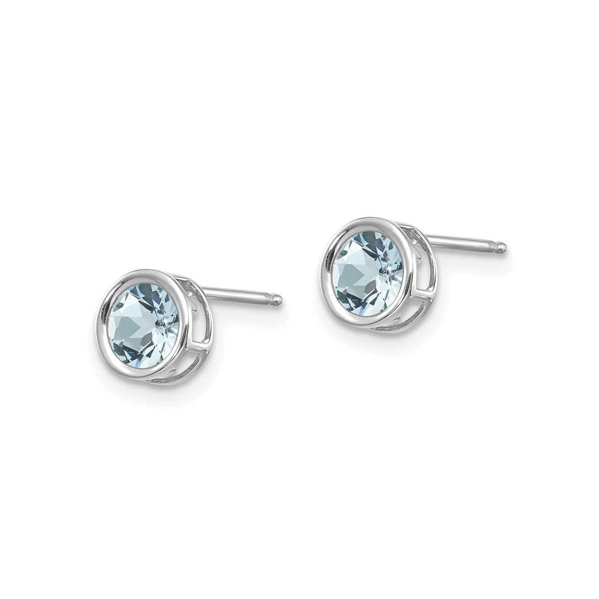 14k White Gold Stud Earrings with Aquamarine, Bezel Set Round Cut, Minimalist Starburst Design