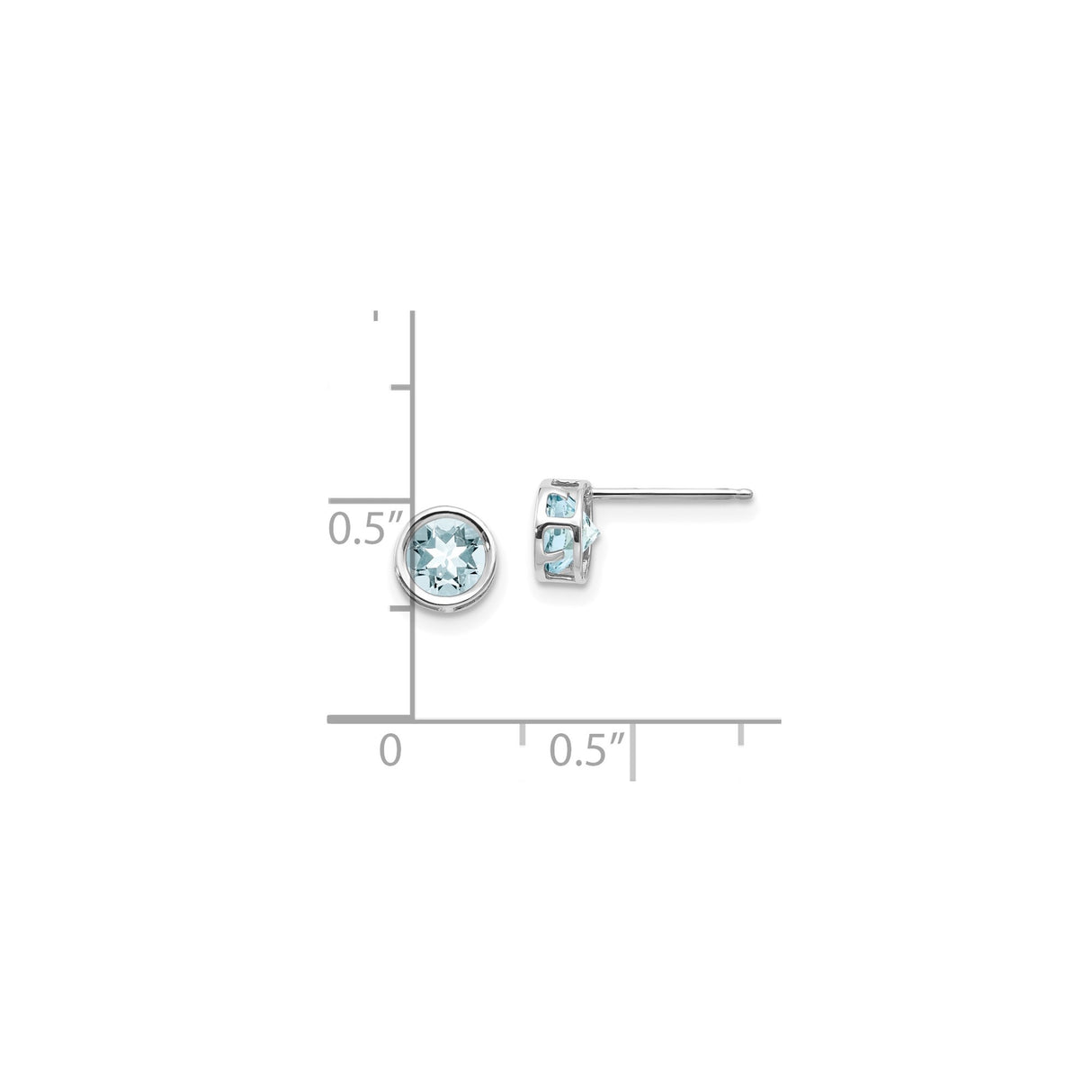 14k White Gold Stud Earrings with Aquamarine, Bezel Set Round Cut, Minimalist Starburst Design