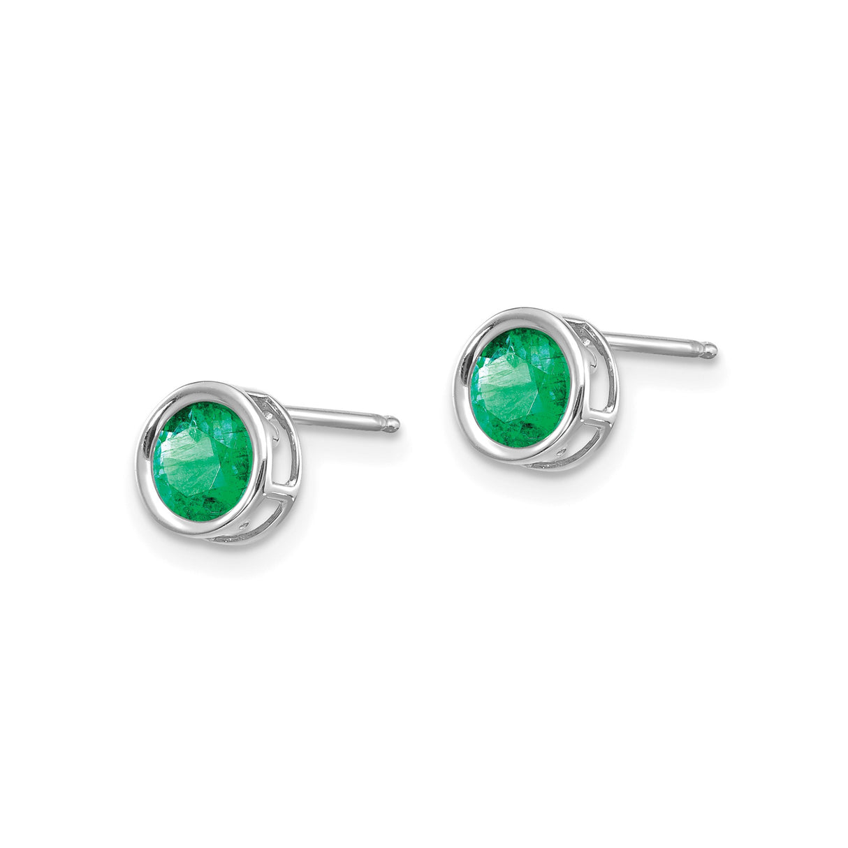 14k White Gold Stud Earrings with Emerald in Bezel Setting, Modern Open-Side Design