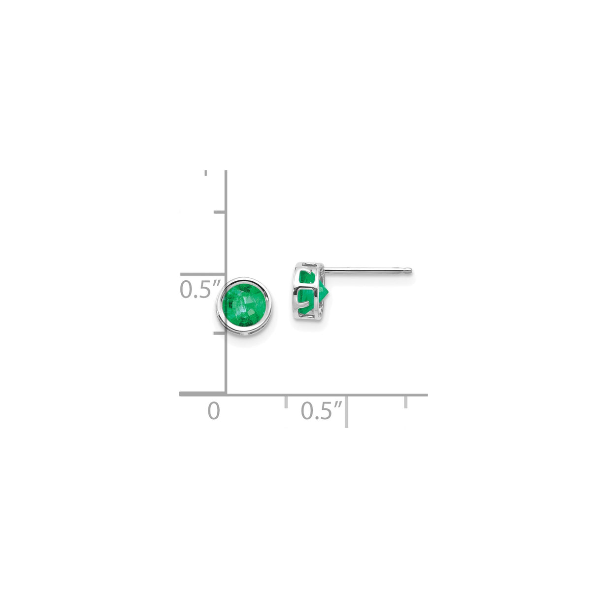 14k White Gold Stud Earrings with Emerald in Bezel Setting, Modern Open-Side Design