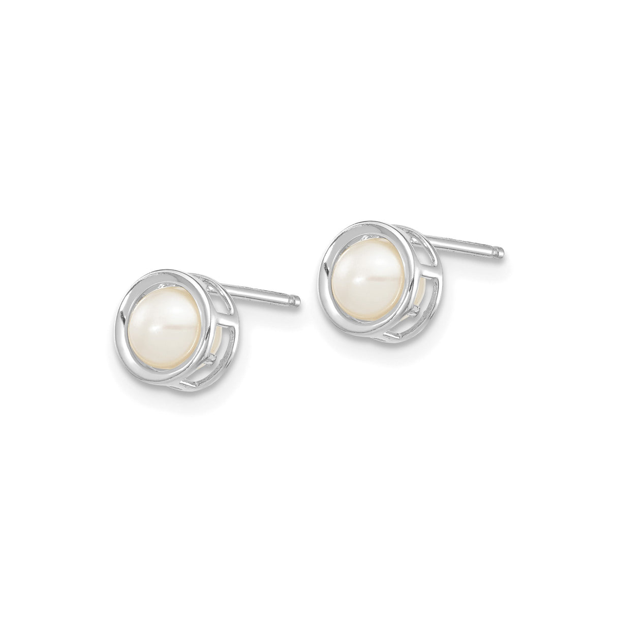 14k White Gold Pearl Stud Earrings with Round Cultured Pearls, Bezel Setting, Modern Geometric Design