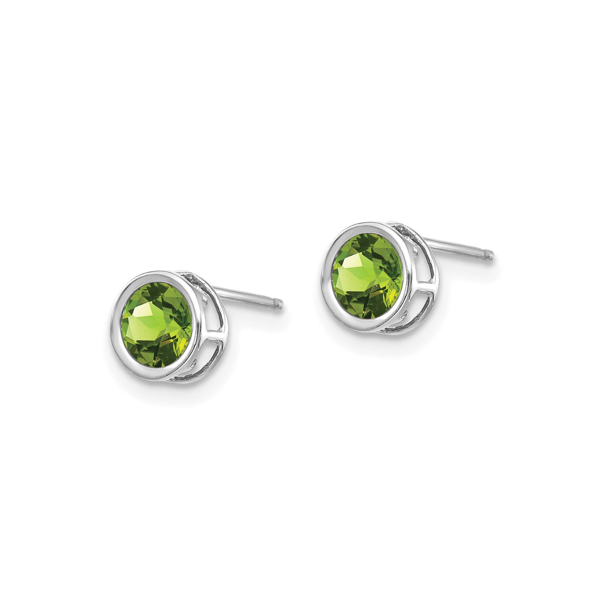14k White Gold Stud Earrings with Round Peridot, Bezel Set Minimalist August Birthstone Jewelry