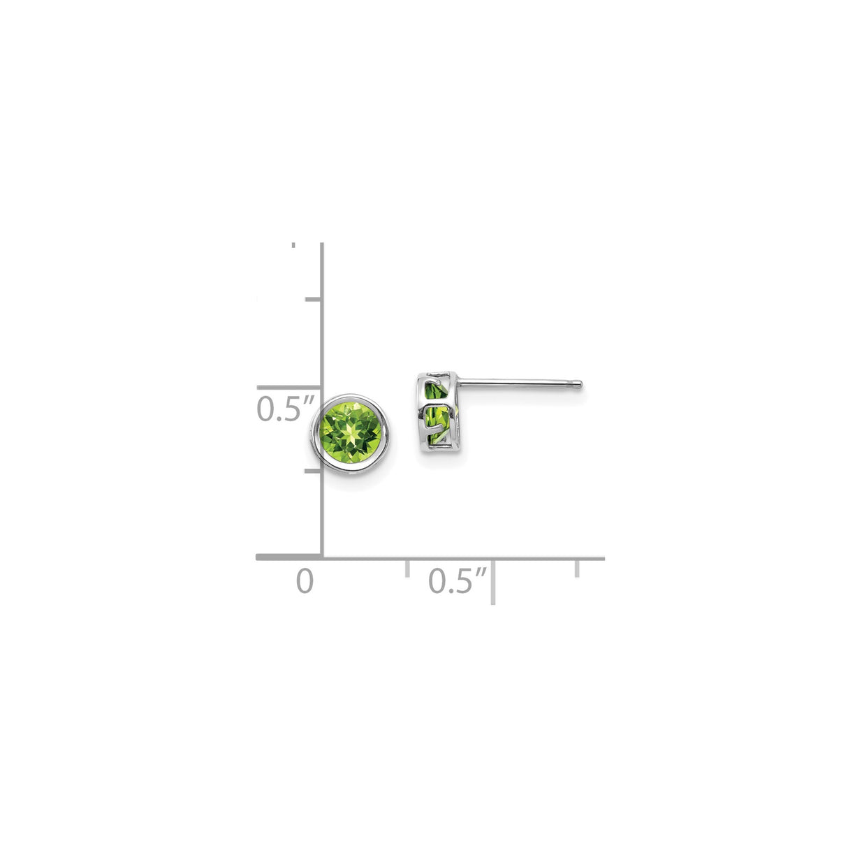 14k White Gold Stud Earrings with Round Peridot, Bezel Set Minimalist August Birthstone Jewelry