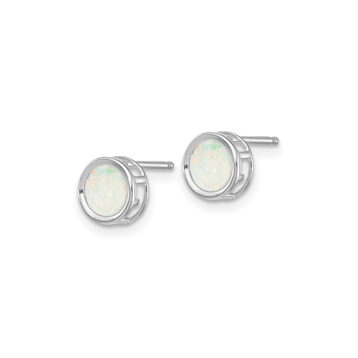 14k White Gold Stud Earrings with Round Synthetic Opal, Bezel Set Minimalist Design