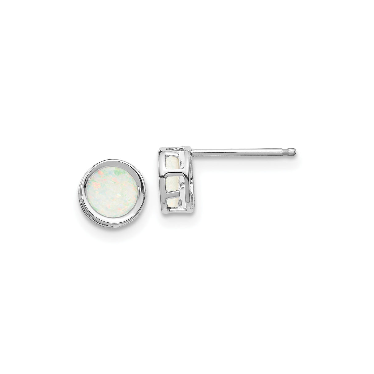 14k White Gold Stud Earrings with Round Synthetic Opal, Bezel Set Minimalist Design