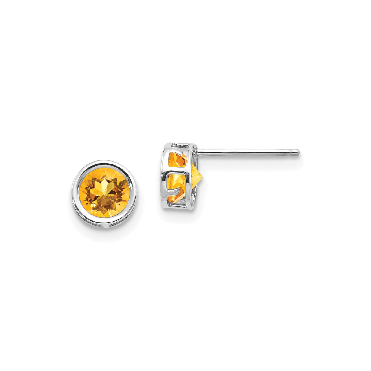 14k White Gold Stud Earrings with Round Citrine in Bezel Setting, Sunburst Cut