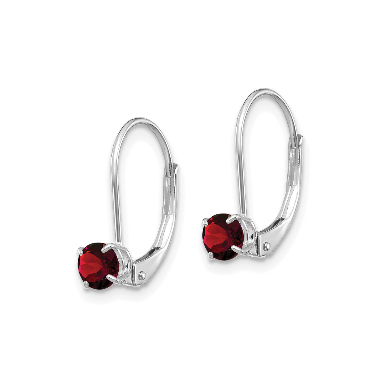 14k White Gold Garnet Leverback Earrings, Round Cut Dangle Style for Women