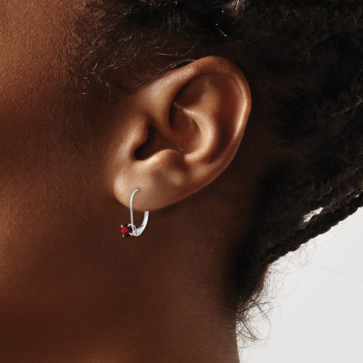 14k White Gold Garnet Leverback Earrings, Round Cut Dangle Style for Women
