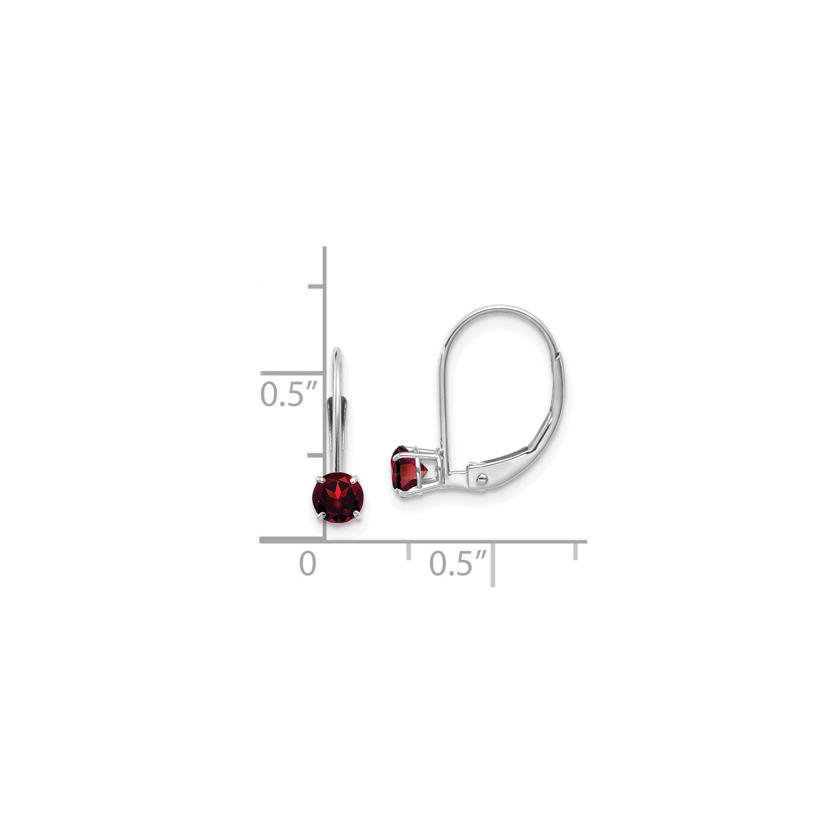 14k White Gold Garnet Leverback Earrings, Round Cut Dangle Style for Women
